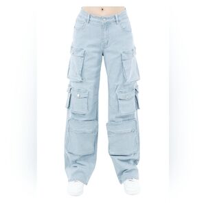 American Bazi Light Wash Cargo Jeans Wide Leg Distressed Baggy Y2K Size M